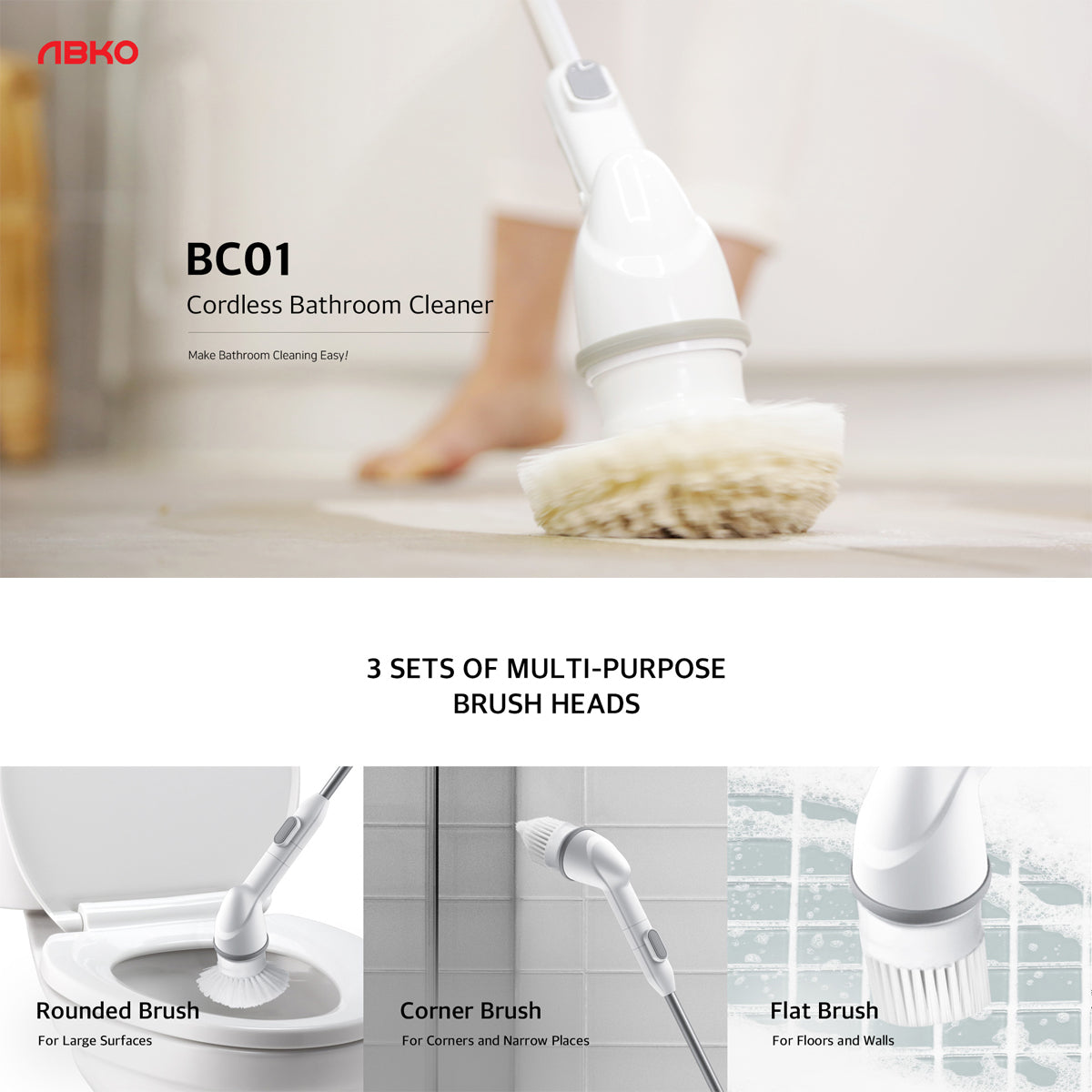 ABKO BC01 韓國 Cordless Bathroom Cleaner 無線充電浴室清潔器 附送3擦頭 / 防水 / 輕巧 / 可伸展 / USB充電 / IPX4 (OHELLA Neospin 香港版)